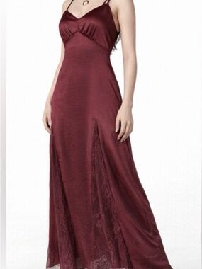 Betsey Johnson Burgundy Satin Maxi Slip Dress with Lace Panels